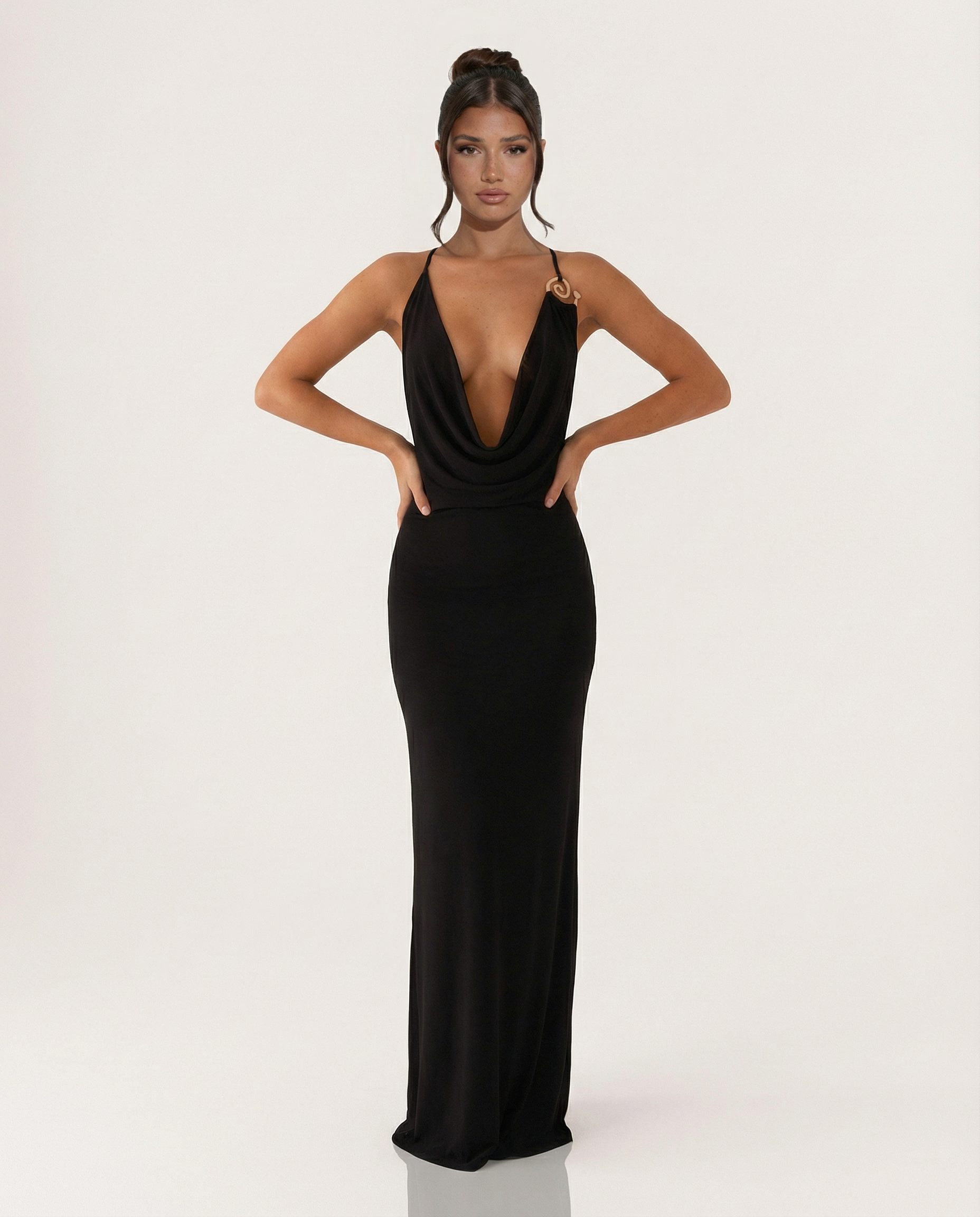 Black maxi cowl neck dress, deep cowl neckline and thin shoulder straps