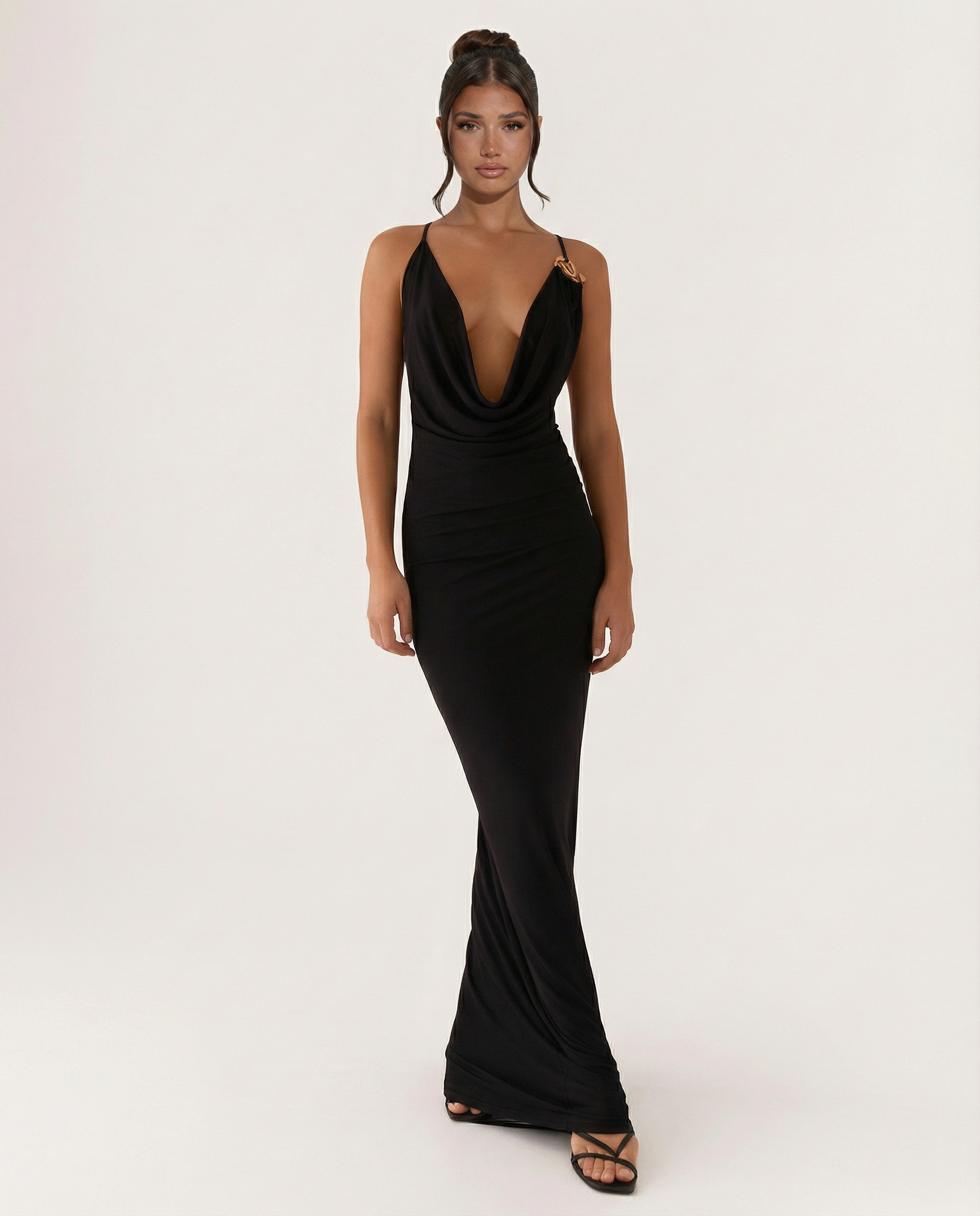 Black maxi cowl neck dress with open back, fitted column silhouette