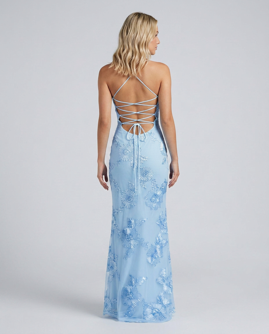 Light blue fitted maxi dress back view with crisscross lace-up straps