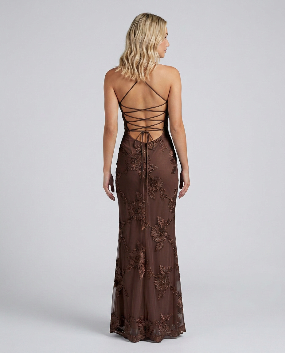 Fitted maxi dress lace-up back view, dark brown lace floral, spaghetti straps