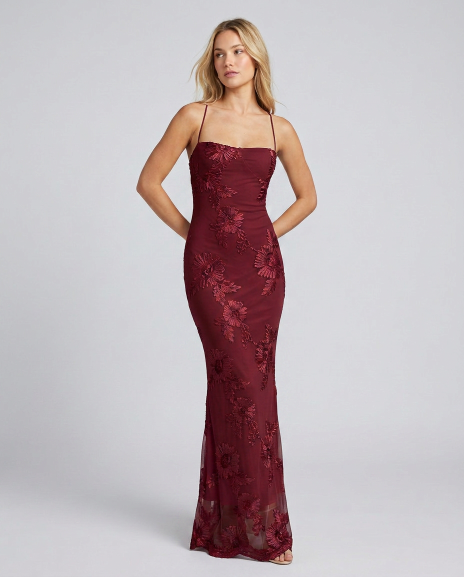 Fitted maxi dress with lace-up back, claret red lace floral, sleeveless straps