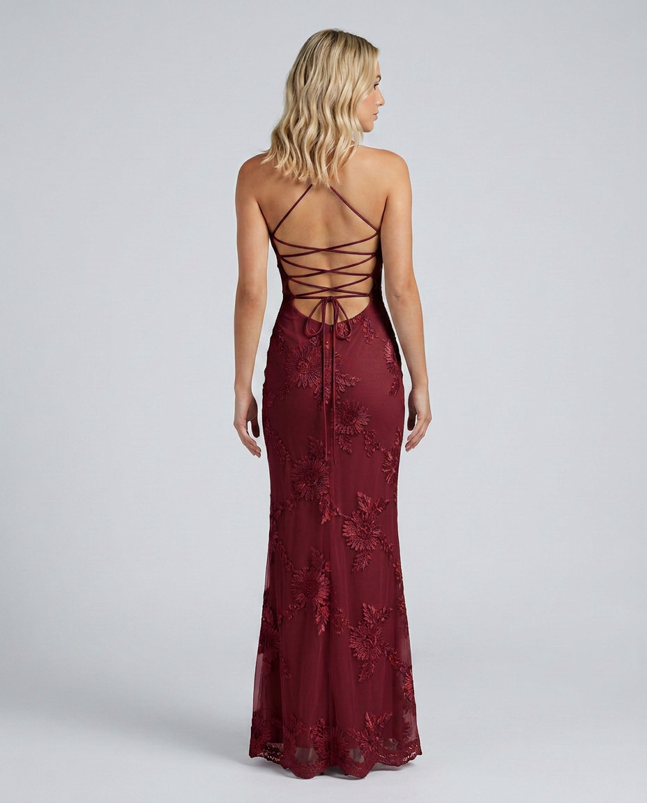 Fitted maxi dress lace-up back view, claret red lace floral, spaghetti straps