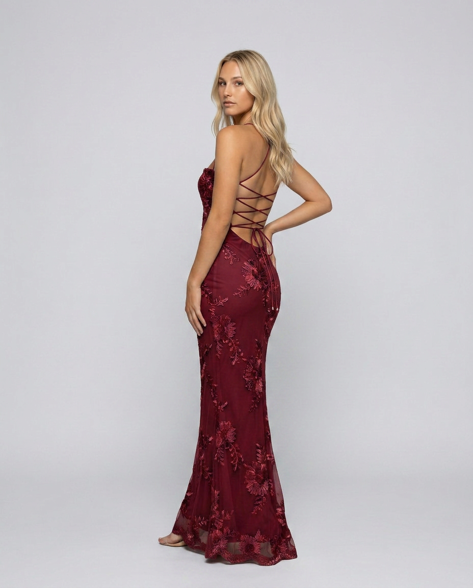 Fitted maxi dress with lace-up back, claret red lace floral, sleeveless side view
