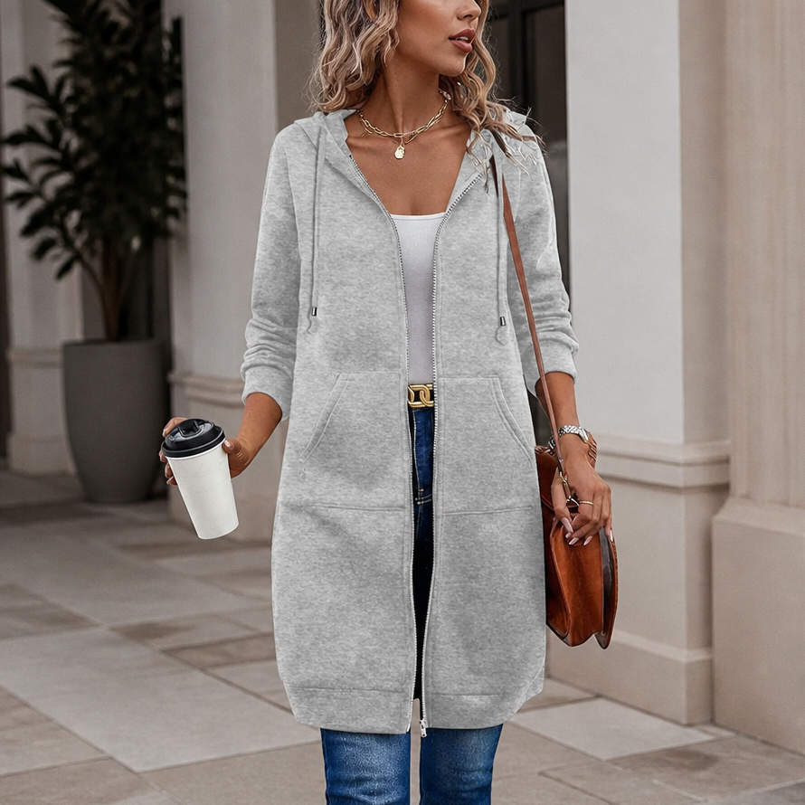 Light grey mid-length zip-up hooded knit cardigan with front pockets and long sleeves.