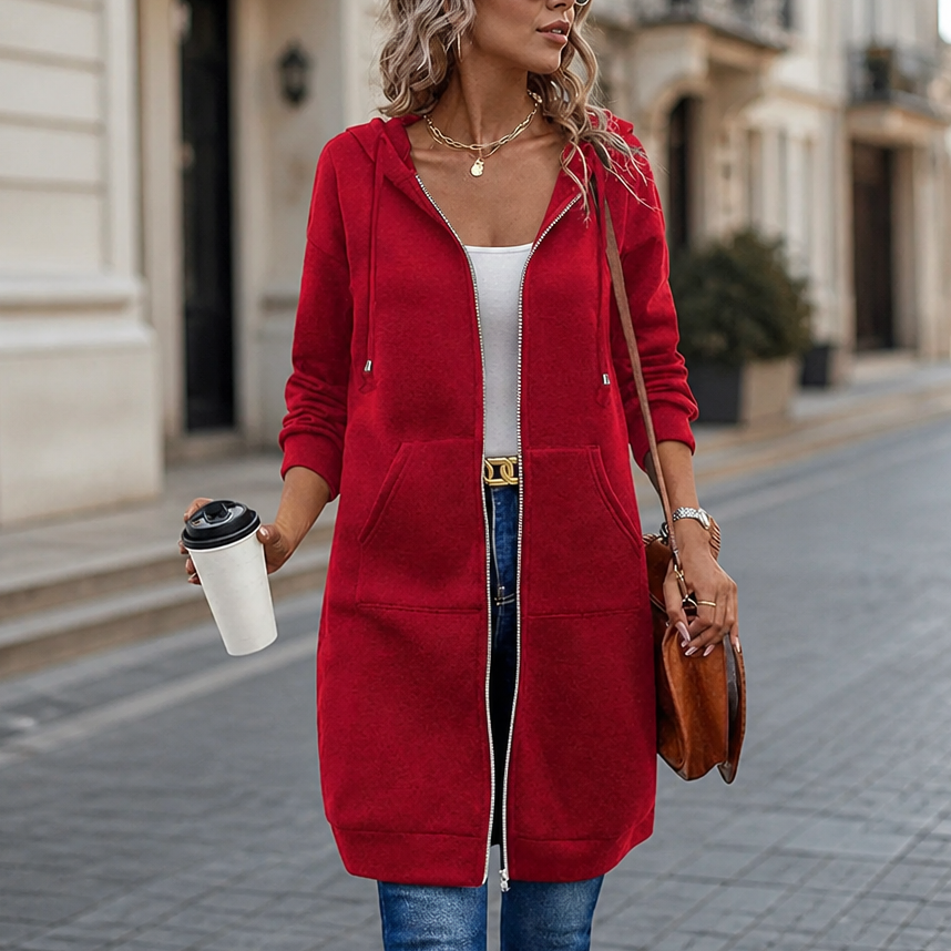 Red mid-length zip-up hooded knit cardigan with front pockets and long sleeves.