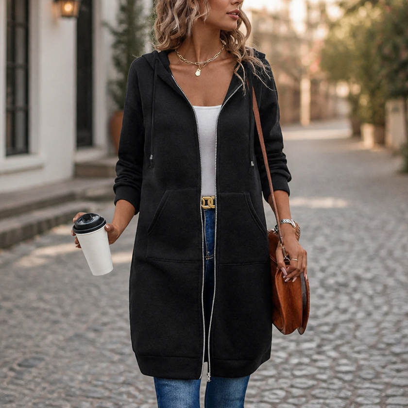 Black mid-length zip-up hooded knit cardigan with front pockets and long sleeves.