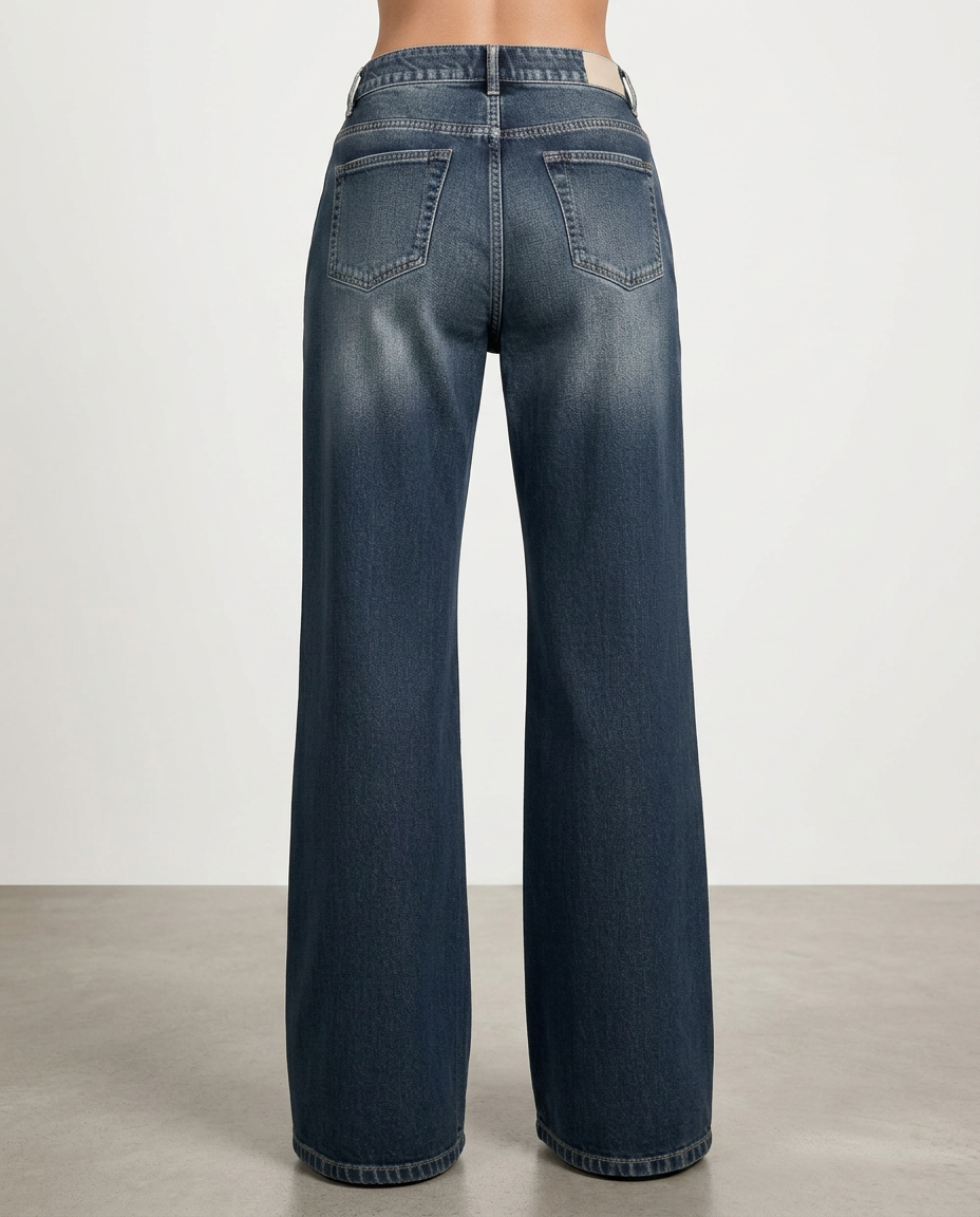 Denim-look wide-leg trousers, mid-waist, blue wash, back yoke, belt loops, five-pocket