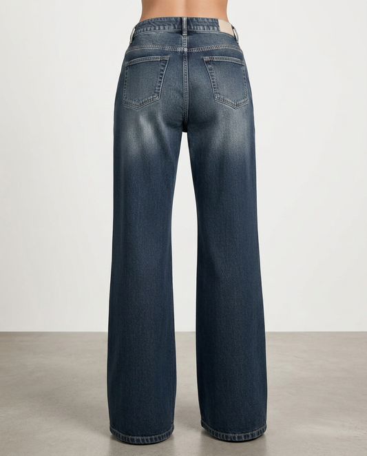 Denim-look wide-leg trousers, mid-waist, blue wash, back yoke, belt loops, five-pocket