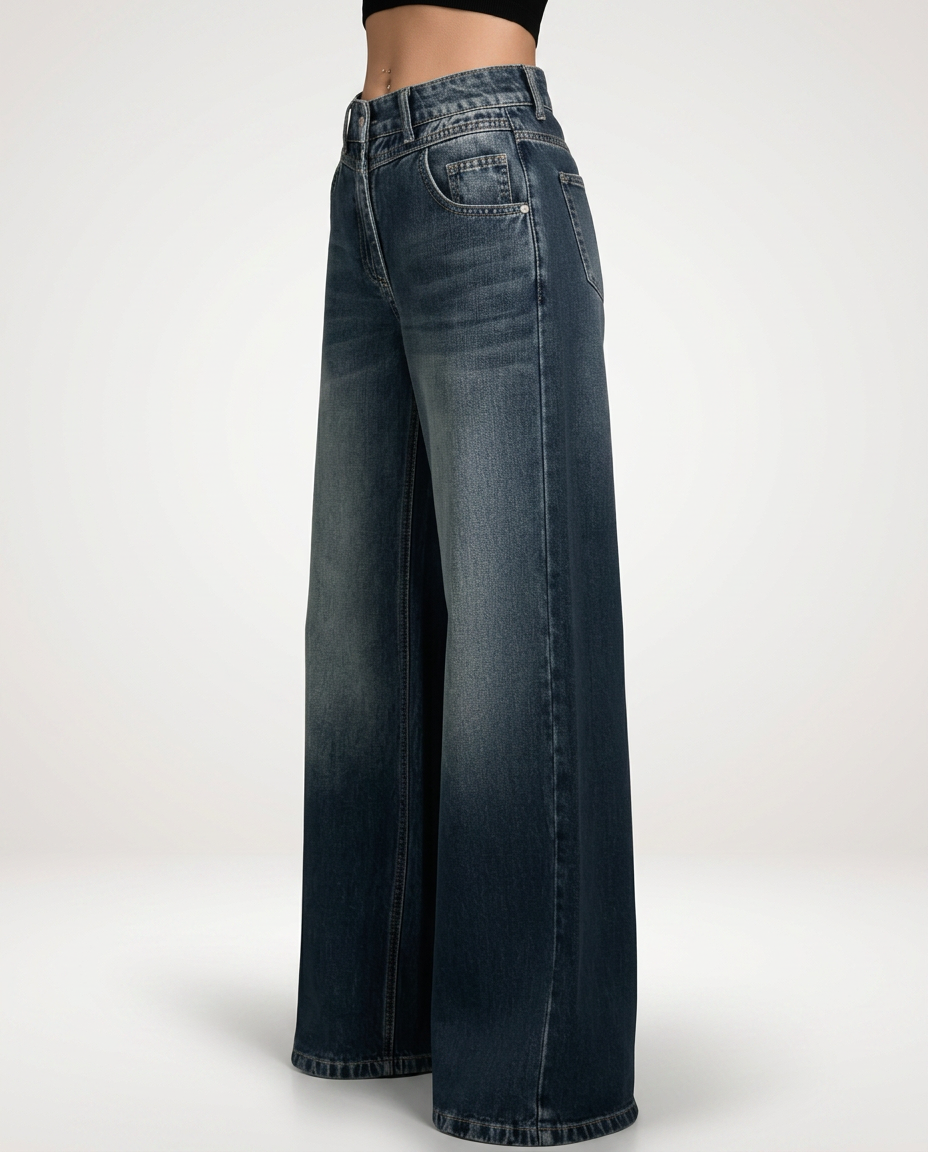 Denim-look wide-leg trousers, mid-waist, dark blue wash, side seams, belt loops