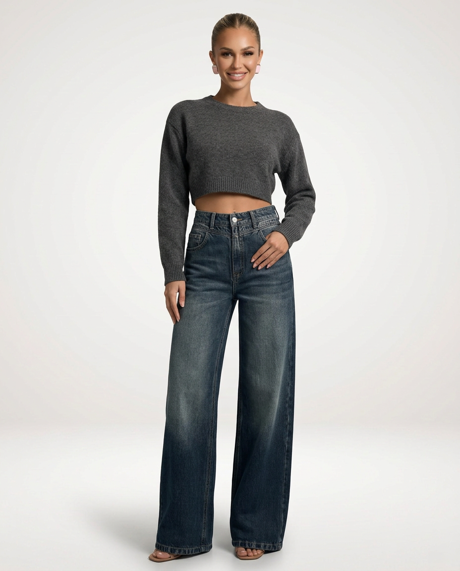 Denim-look wide-leg trousers, mid-waist, medium blue wash, button closure, wide leg