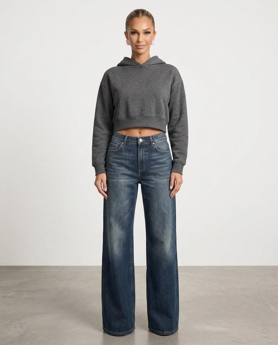 Denim-look wide-leg trousers, mid-waist, blue wash, relaxed straight wide legs, belt loops