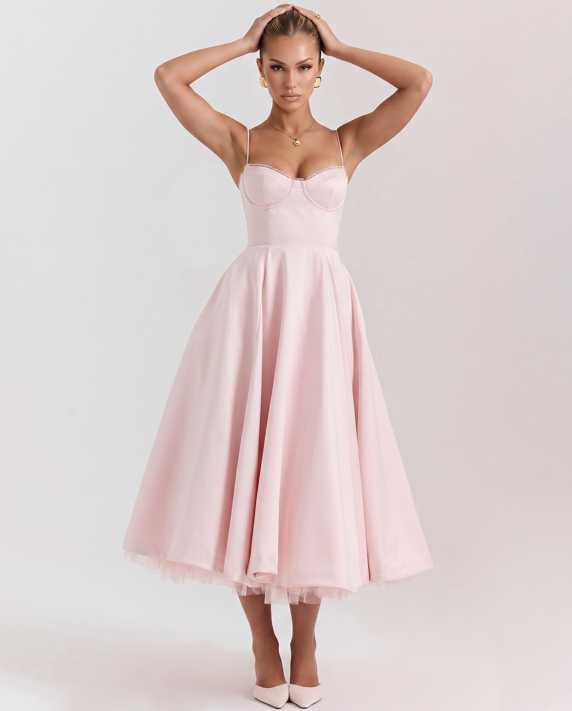 Pink tulle midi dress with underwired bust, spaghetti straps, full midi skirt.