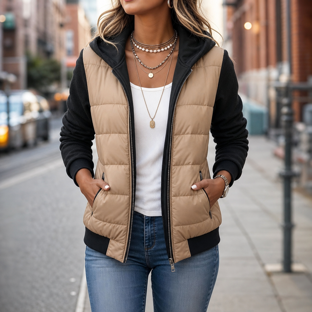 Mixed-Media Quilted Puffer Knit-Sleeve Jacket