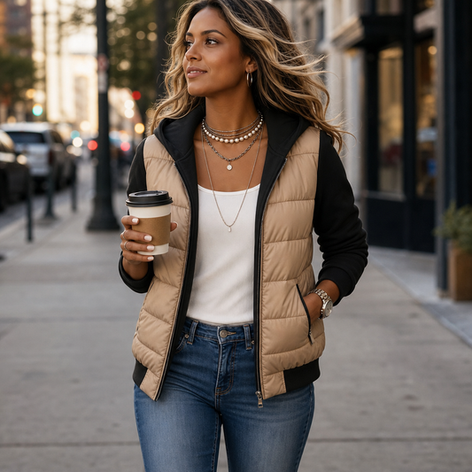 Mixed-media puffer jacket with beige quilted body, black knit sleeves and hood, zipper front