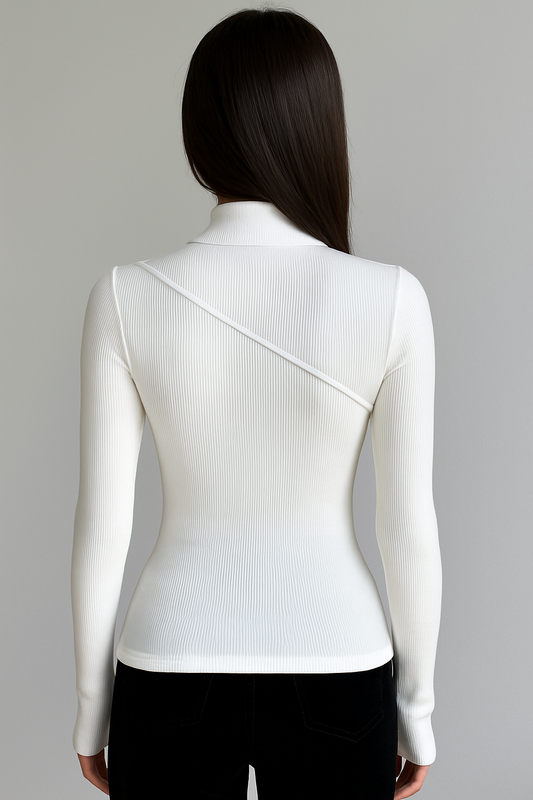 White mock neck ribbed long-sleeve top, back view