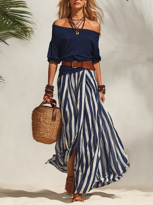 Women's navy off-shoulder chiffon top with striped maxi slit skirt set