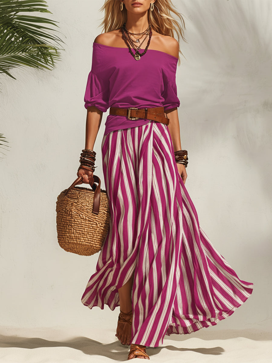 Women's magenta off-shoulder chiffon top with striped maxi slit skirt set