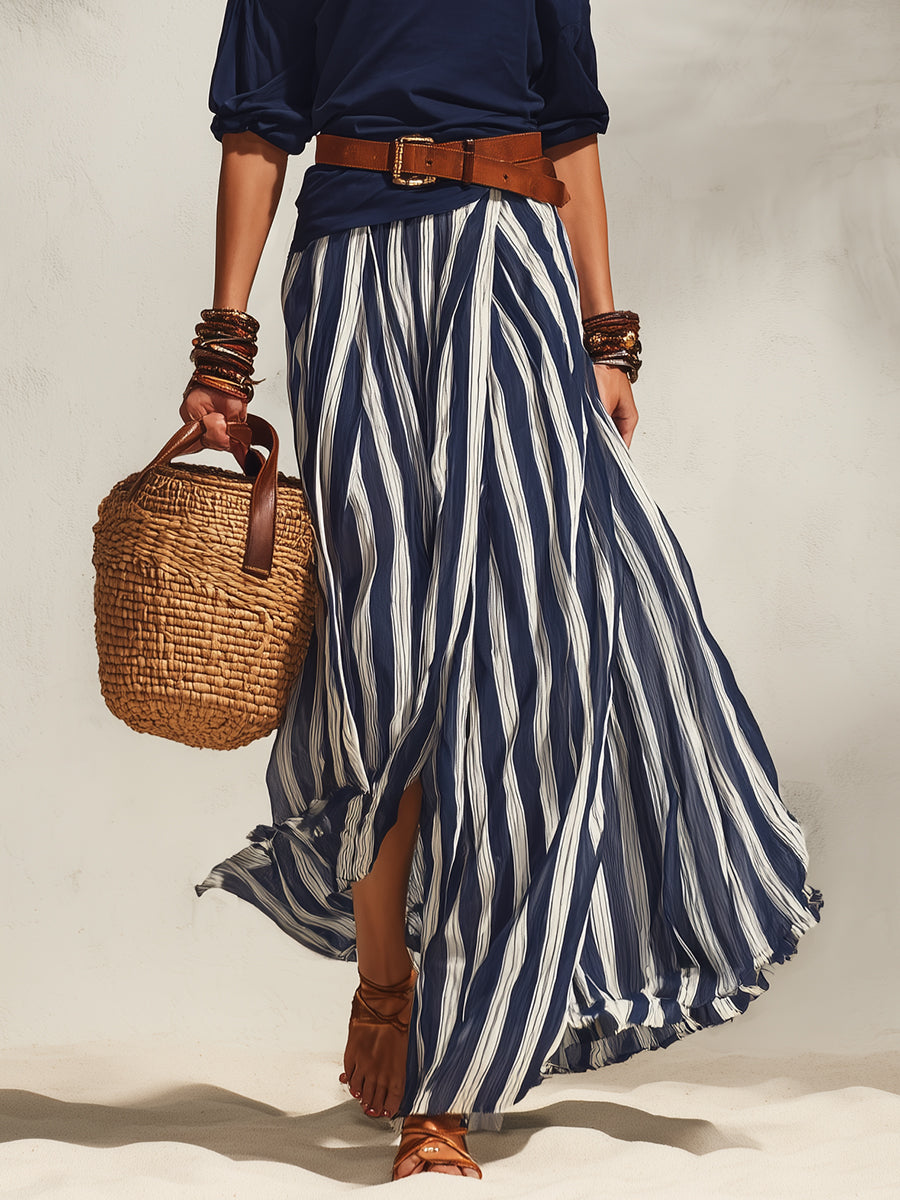 Women's navy off-shoulder chiffon top with blue-striped maxi slit skirt set, detail