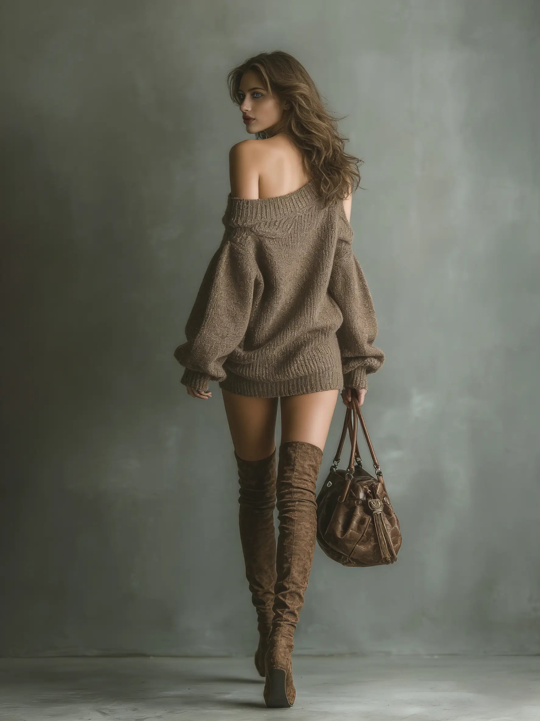 Brown off-shoulder mini knit dress with asymmetrical neckline and voluminous long sleeves