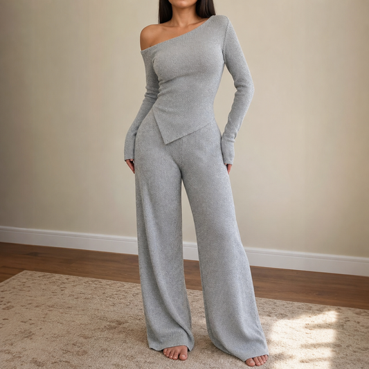 Light gray off-shoulder ribbed knit top and wide-leg pants set, long sleeves
