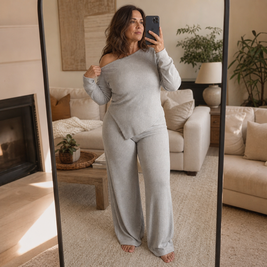 Light gray off-shoulder ribbed knit top with wide-leg pants set, full body front view
