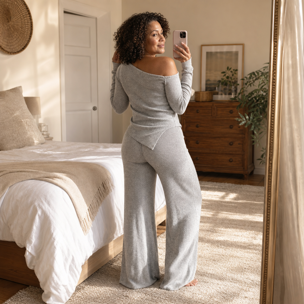 Light gray off-shoulder ribbed knit top and wide-leg pants set, mirror selfie