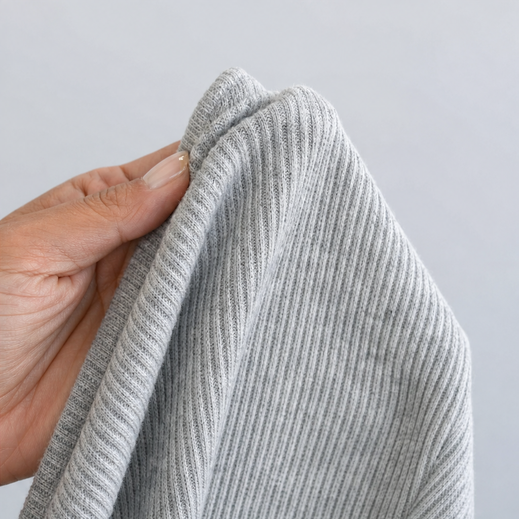 Light gray ribbed knit cuff edge close-up with hand holding fabric