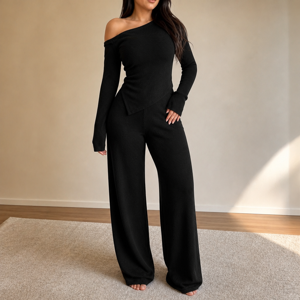 Black off-shoulder ribbed knit top and wide-leg pants set with side pocket