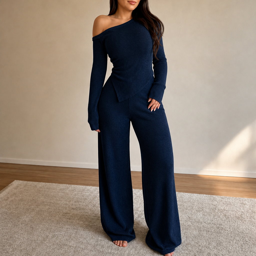 Navy off-shoulder ribbed knit top and wide-leg pants set with side pocket