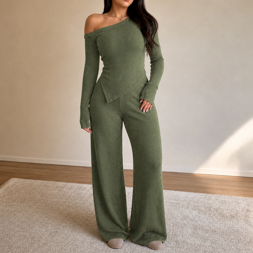 Green off-shoulder ribbed knit top and wide-leg pants set with side pocket