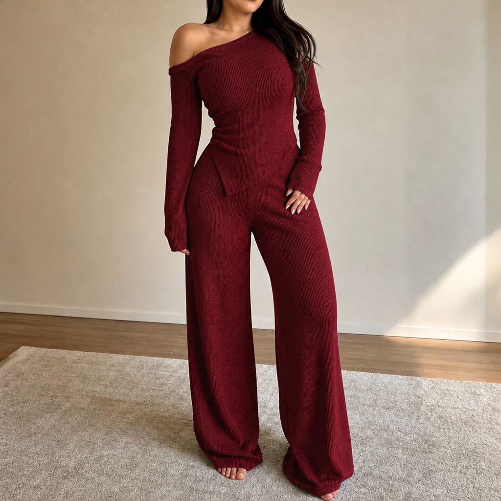 Burgundy off-shoulder ribbed knit top and wide-leg pants set with side pocket