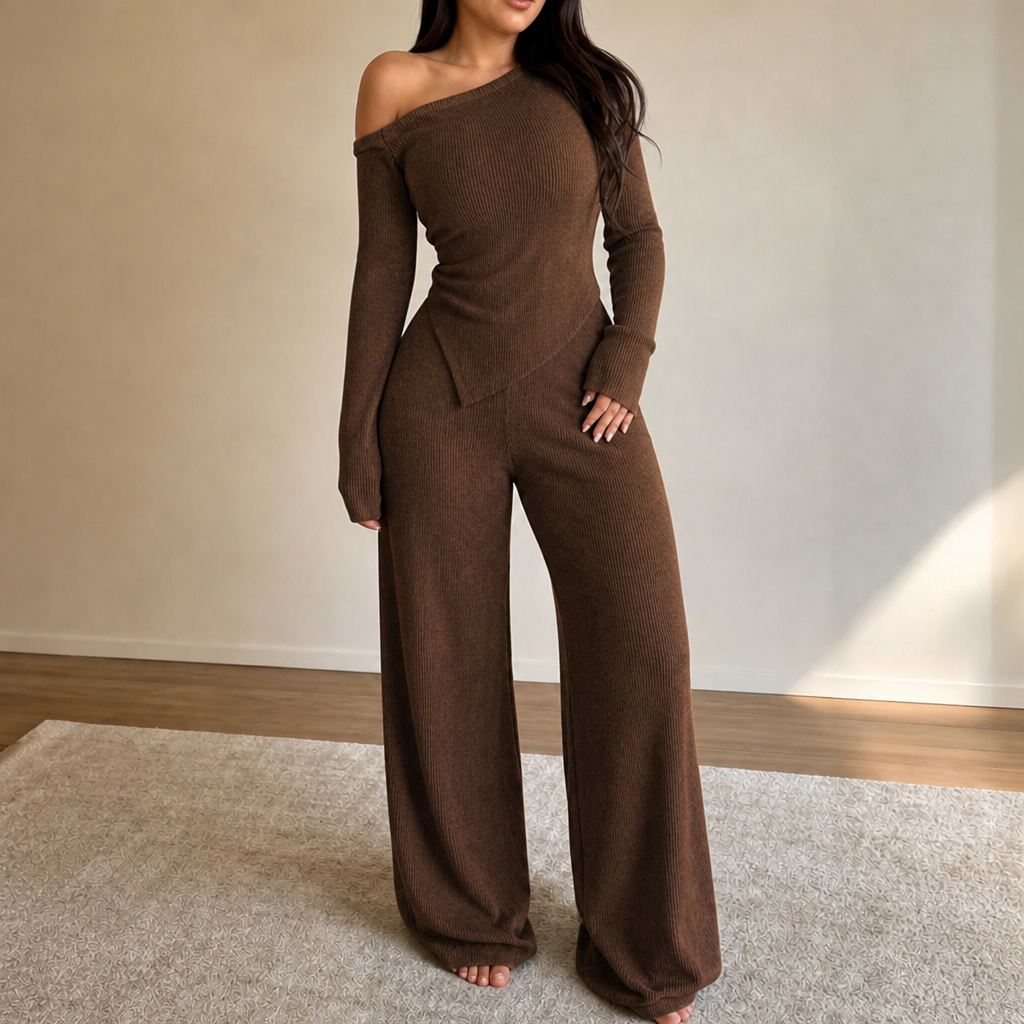 Brown off-shoulder ribbed knit top and wide-leg pants set with side pocket