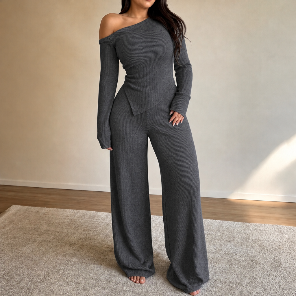 Dark gray off-shoulder ribbed knit top and wide-leg pants set with side pocket