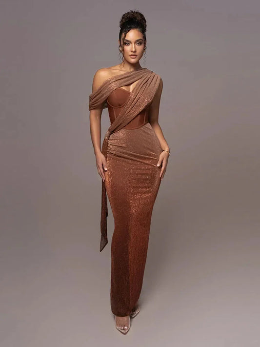 Brown one-shoulder maxi dress with draped wrap and side slit hem