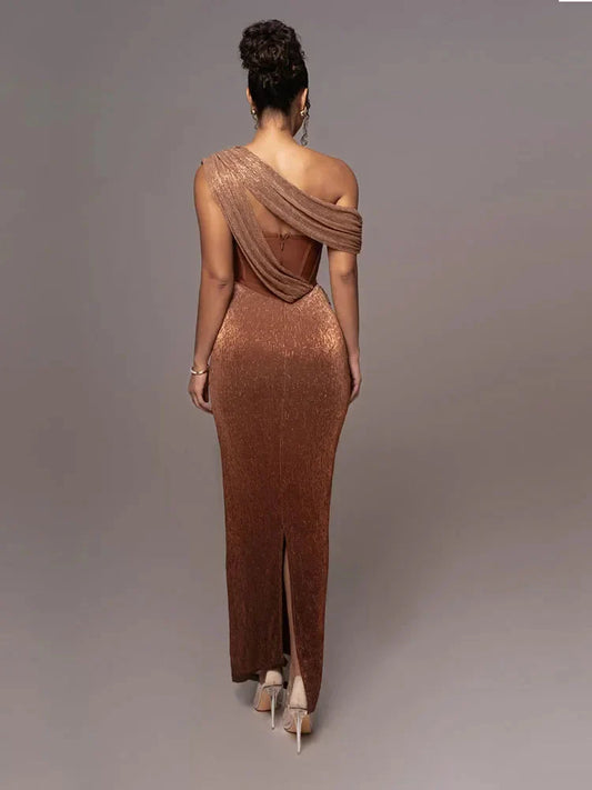 Brown one-shoulder maxi dress with draped back and long column silhouette
