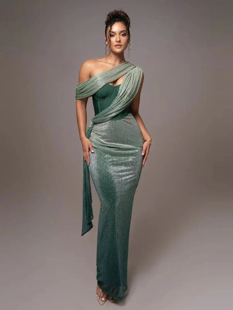 Green one-shoulder maxi dress with draped wrap detail and side tie