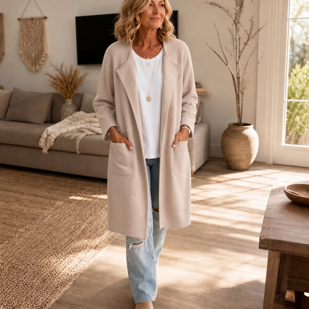Open-Front Longline Wool-Look Coat