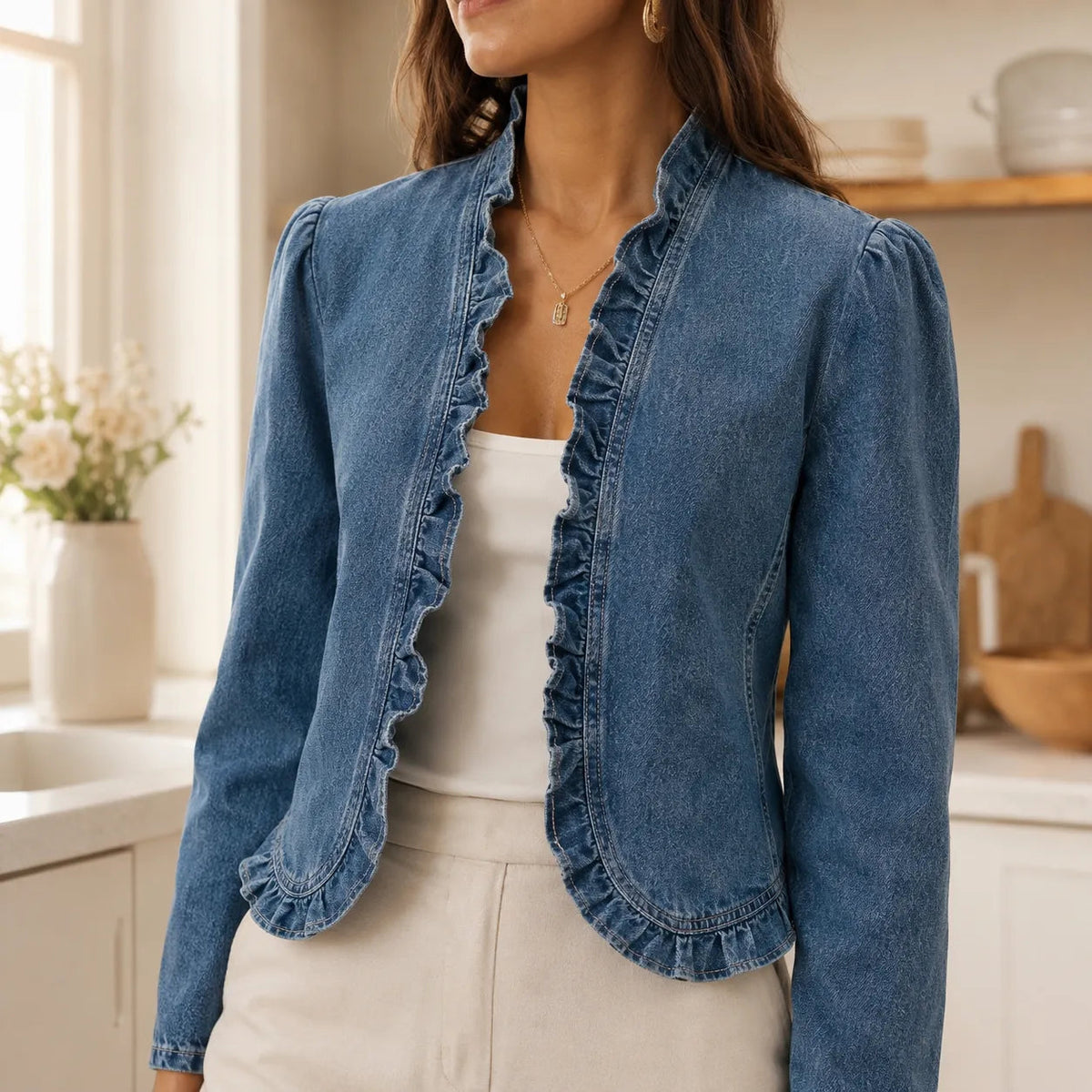 Open Front Ruffle Trim Denim-look Jacket for Women