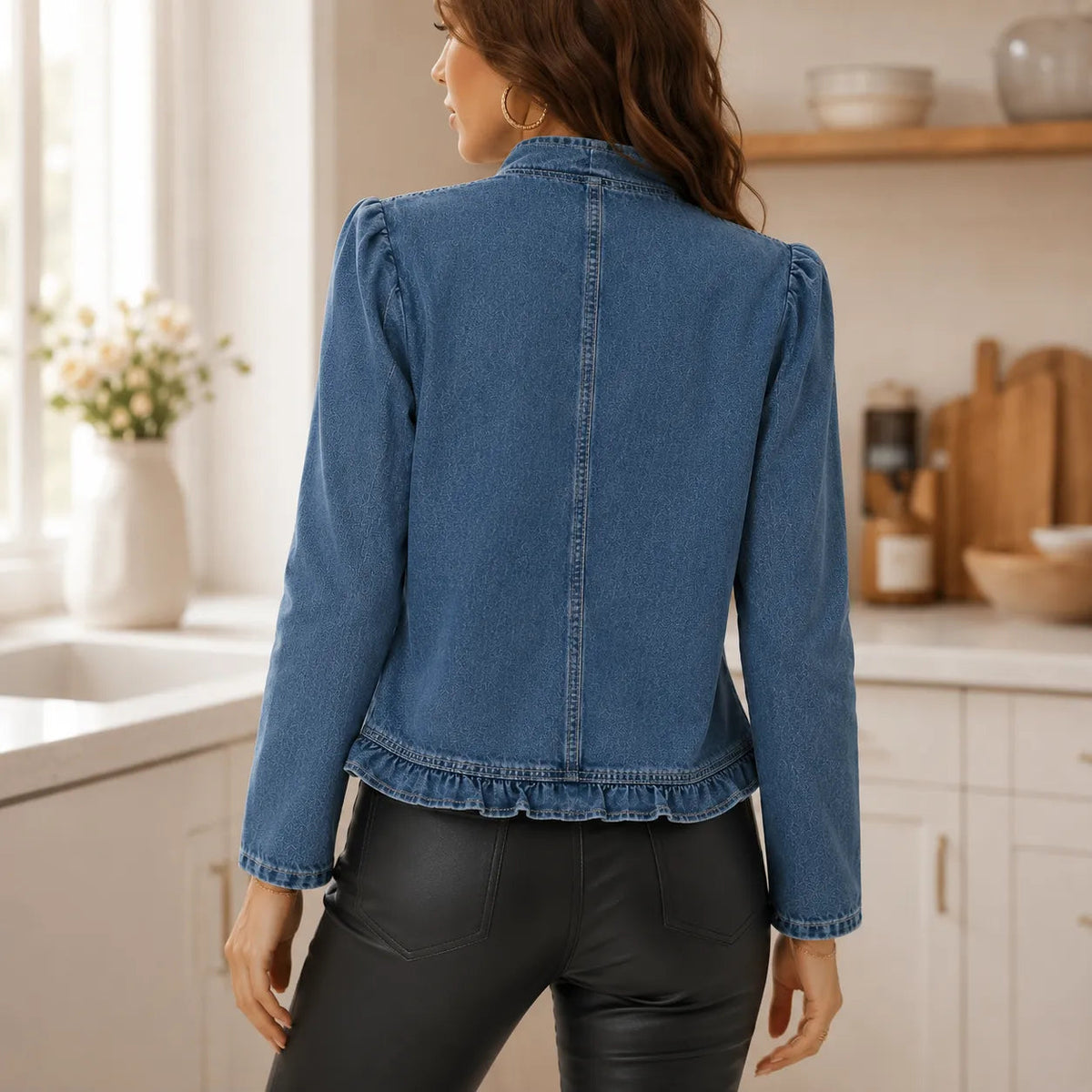 Open Front Ruffle Trim Denim-look Jacket for Women