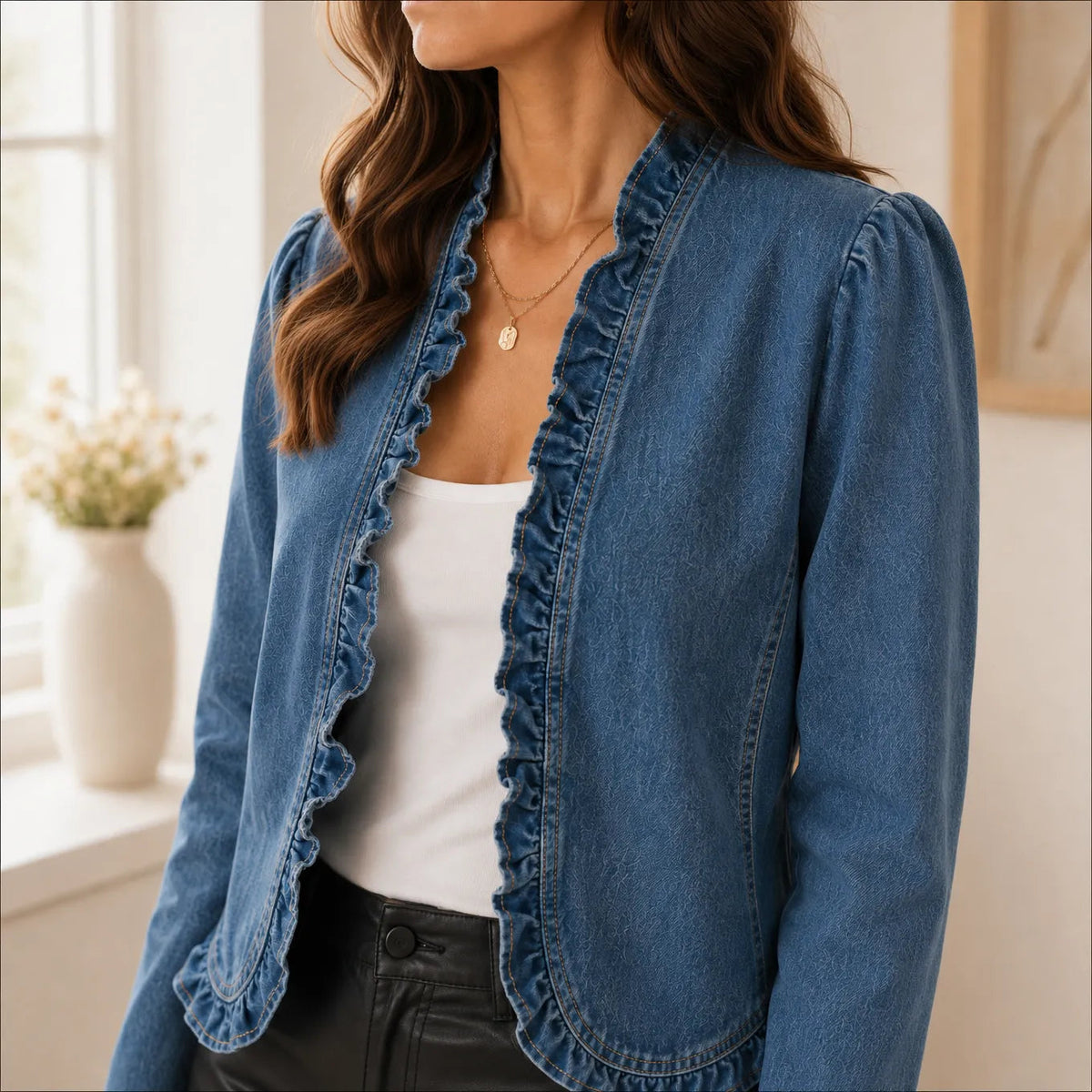 Open Front Ruffle Trim Denim-look Jacket for Women