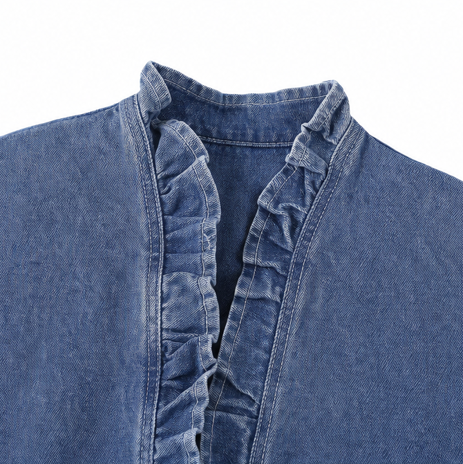 Open Front Ruffle Trim Denim-look Jacket for Women