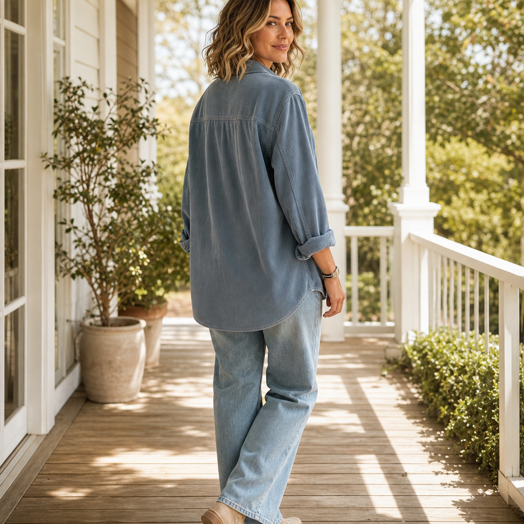 Oversized blue corduroy button-down shirt, back/side view with long sleeves