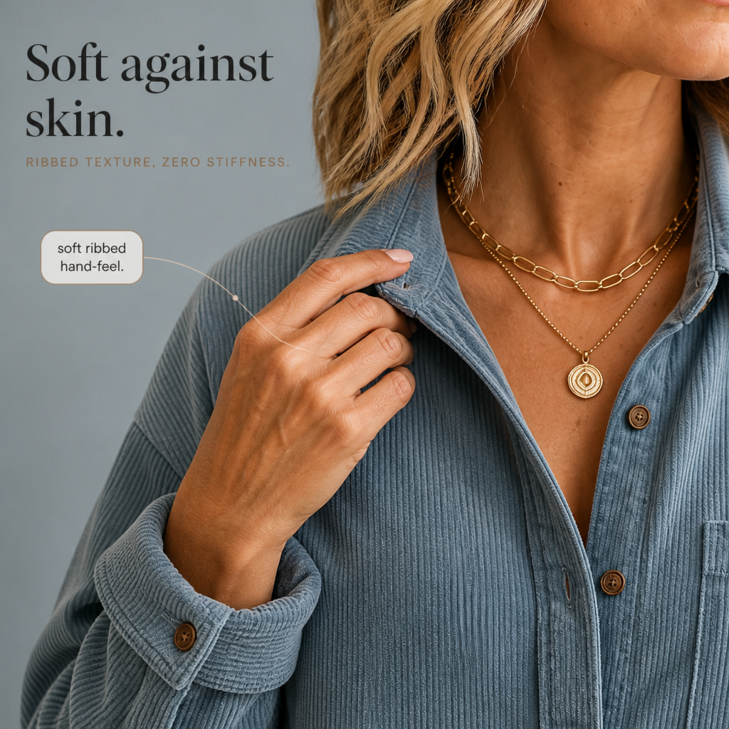 Blue corduroy button-down shirt detail showing ribbed texture near the neckline
