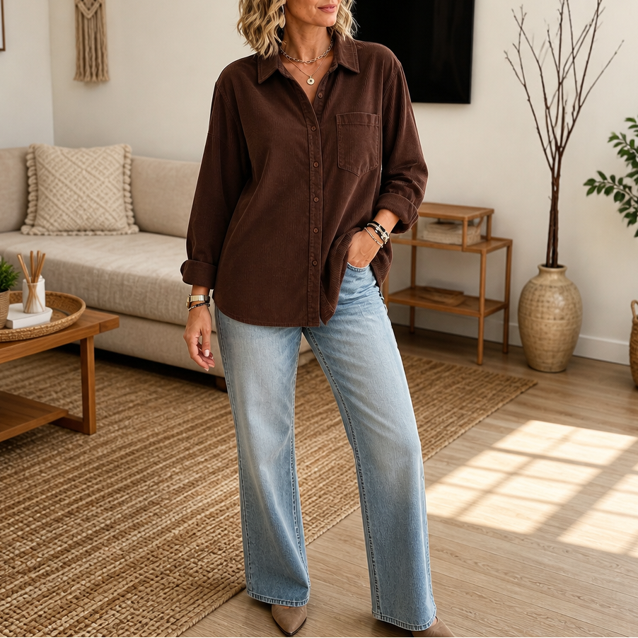 Oversized corduroy button-down shirt in dark brown, long sleeves, collar, chest pocket, buttons.