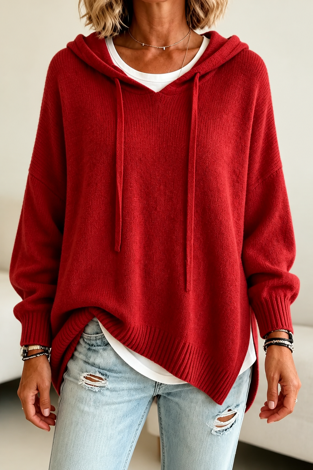 Red oversized knit hooded sweater with drawstring, ribbed cuffs and hem.