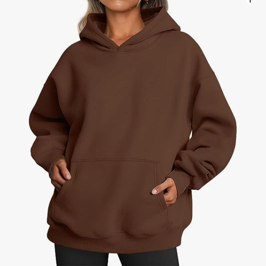 Oversized fleece hoodie in dark brown with hood and front kangaroo pocket