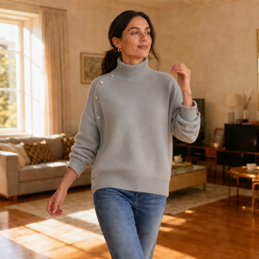 Gray mock-neck knit sweater with gold-tone buttons, relaxed long sleeves