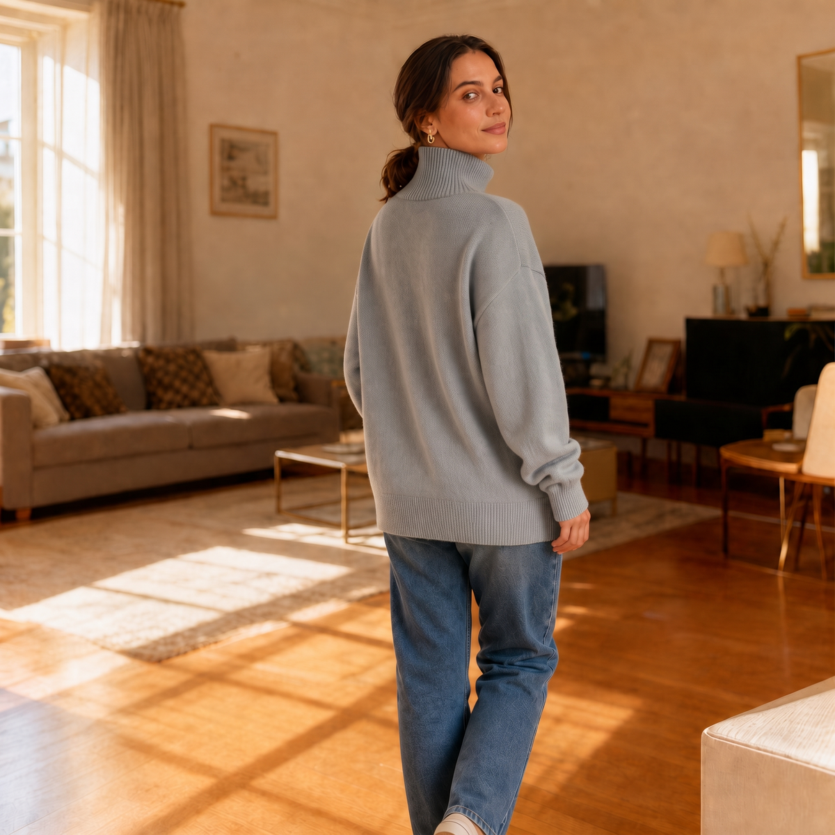 Gray sweater side view: mock neck, long sleeves, ribbed hem, gold-tone buttons