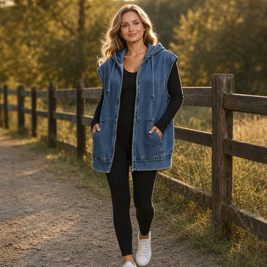 Oversized hooded denim-look vest with blue sleeveless body, zip front, and side pockets