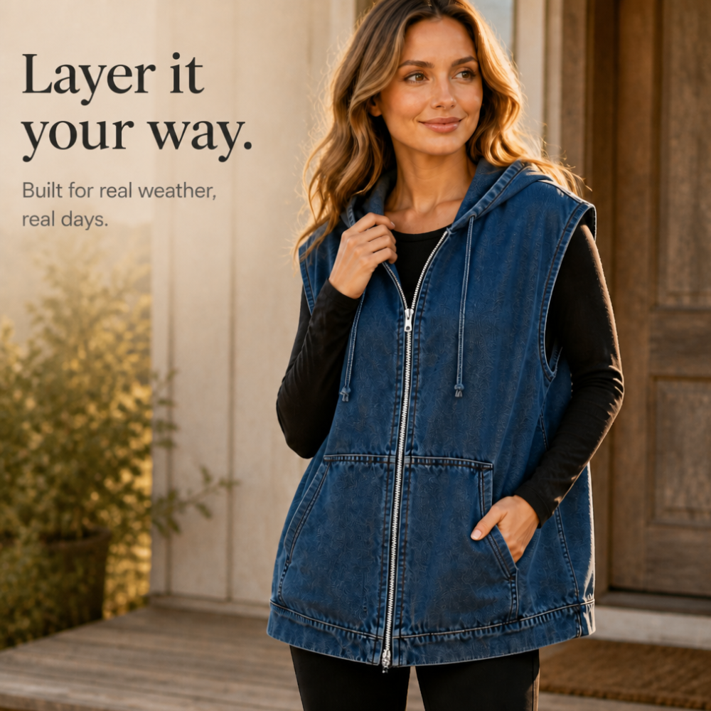 Oversized Hooded Denim-Look Vest